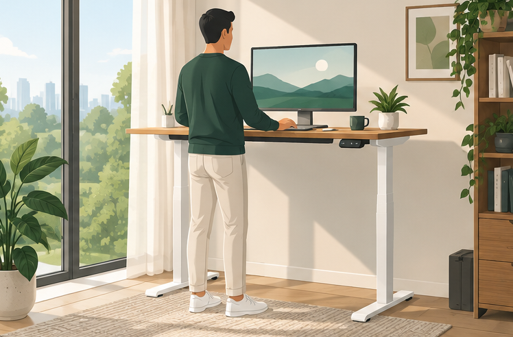 電動昇降デスクのある在宅ワークスペースのイラスト